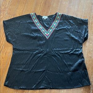 Chic Black Blouse with Colorful Embroidered V-Neck